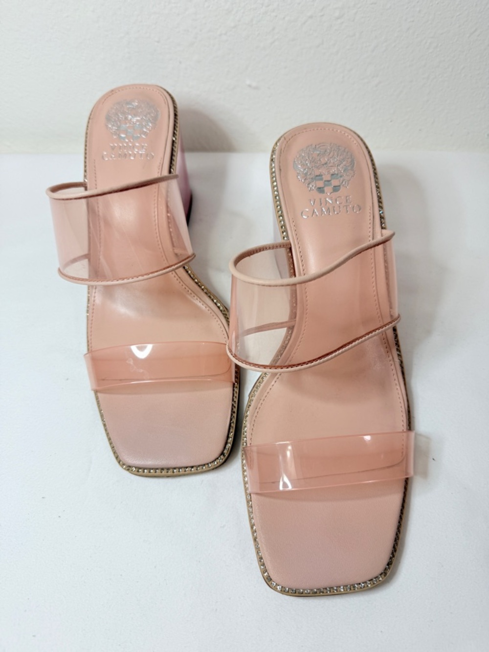 Vince Camuto Clear Pink Wedge Sandals Rhinestone Trim Size 9